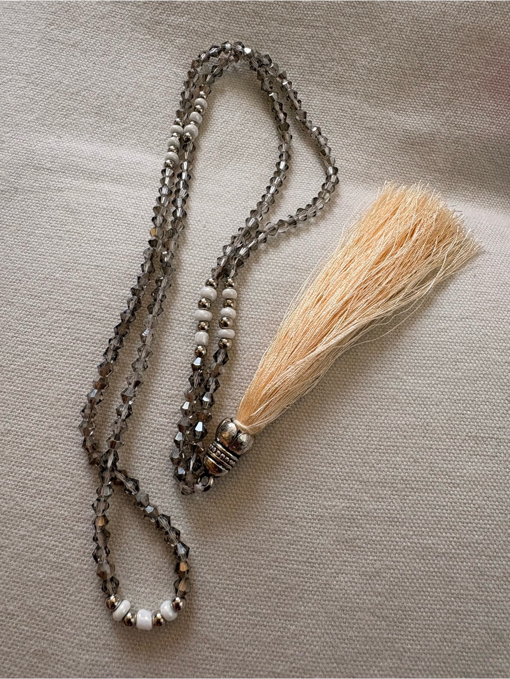 Beaded Gray Crystal Necklace with Cream Tassel